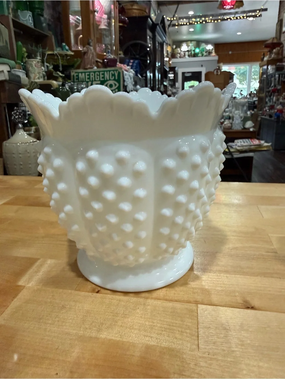 Large Fenton White Hobnail Milk Glass Scalloped Vase - Decorative Planter